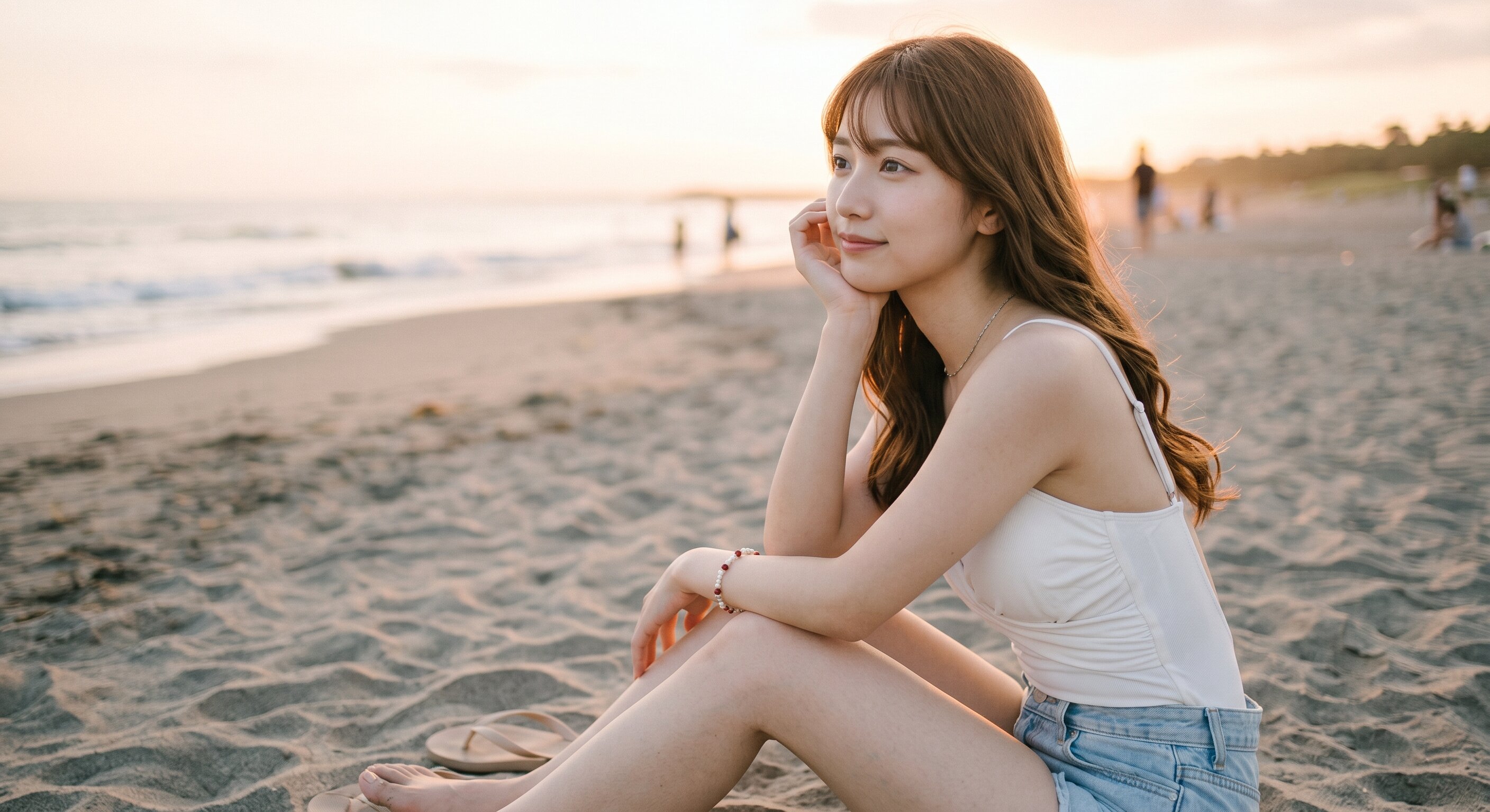 Aria in a white swimsuit by the beach